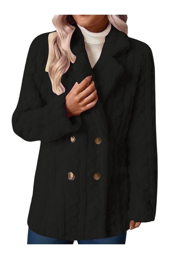 Women'S Plush Coat Comfortable Casual Warm Suit Collar Double-Breasted Mid-Length Coat Black S