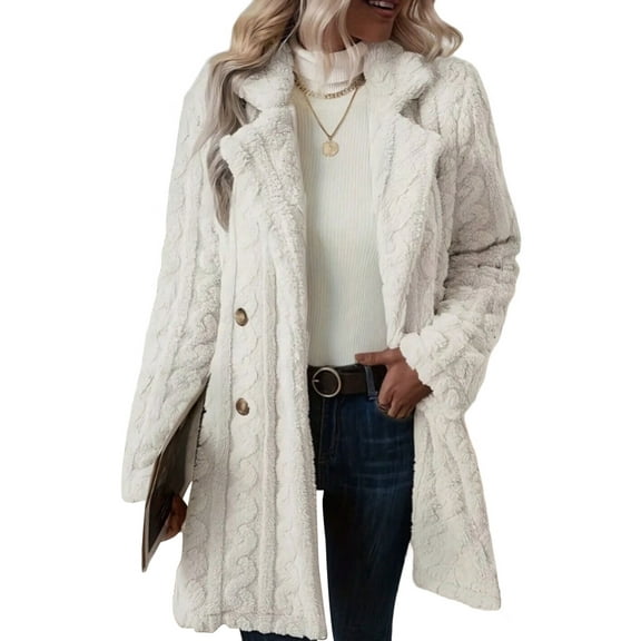 Women'S Plush Coat Comfortable Casual Warm Suit Collar Double-Breasted Mid-Length Coat White M
