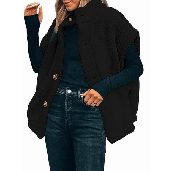 Women'S Plush Fleece Vest Casual Oversized Warm Button Down Vest Jacket with Pockets Black M