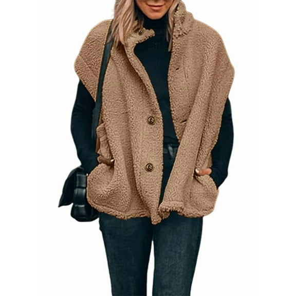Women'S Plush Fleece Vest Casual Oversized Warm Button Down Vest Jacket with Pockets Brown XL