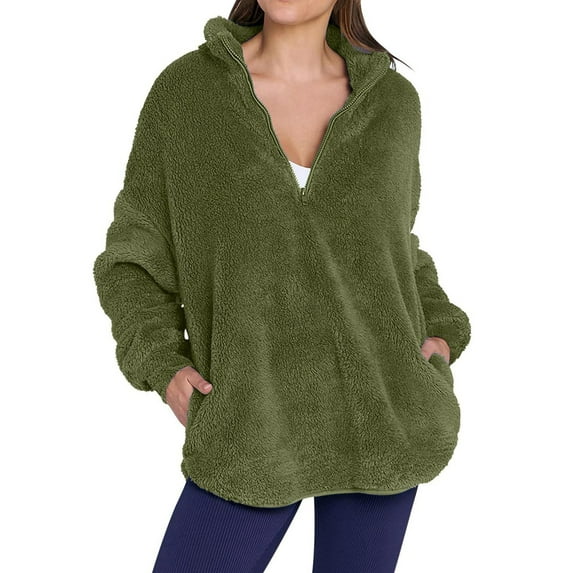 Women'S Plush Half Zip Stand Collar Sweatshirt Comfortable Pullover Long Sleeve Top Autumn and Winter Army Green M