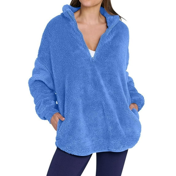 Women'S Plush Half Zip Stand Collar Sweatshirt Comfortable Pullover Long Sleeve Top Autumn and Winter Blue M