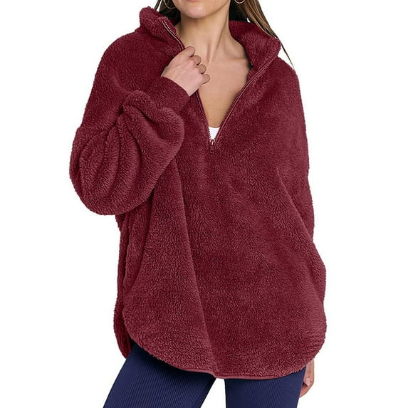 Women'S Plush Half Zip Stand Collar Sweatshirt Comfortable Pullover Long Sleeve Top Autumn and Winter Deep Red L