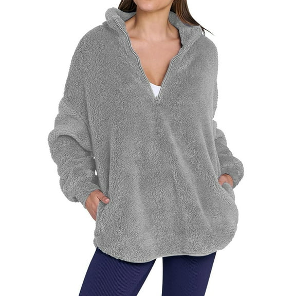 Women'S Plush Half Zip Stand Collar Sweatshirt Comfortable Pullover Long Sleeve Top Autumn and Winter Gray M