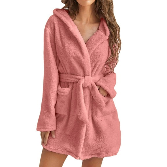 Women'S Plush Mid-Length Belt Soft Bathrobe with Pockets Autumn and Winter Hooded Home Plush Pajamas Pink XL