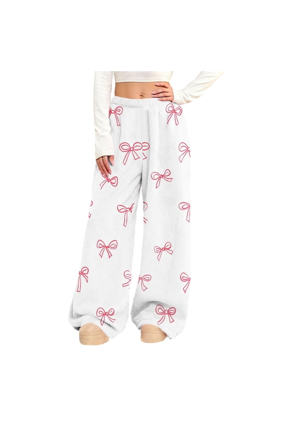 Women'S Plush Valentine Pajama Pants Cute Printed Flannel Fuzzy Loungewear Elastic Waist Wide Leg Teddy Pj Bottoms