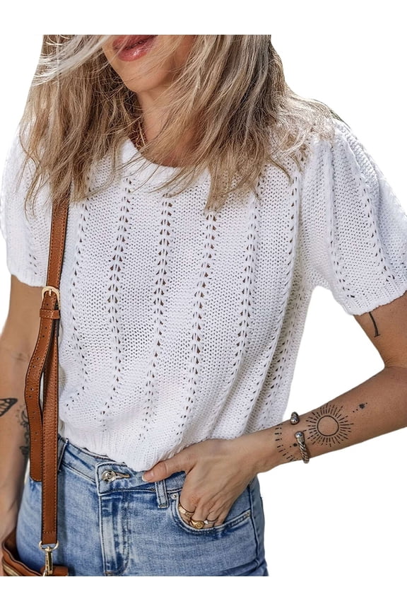 Women'S Pointelle Knit Short Puff Sleeve Crewneck Sweater - Casual and Stylish White S