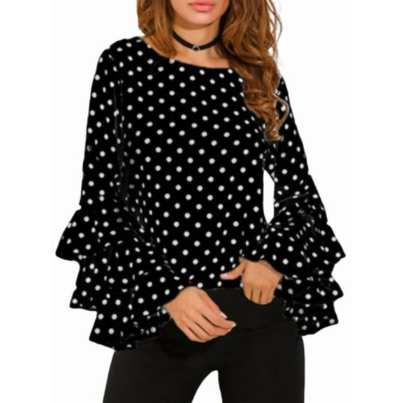 Women'S Polka Dot Bell Sleeve Top Plus Size Folded Sleeve Chiffon Shirt Tops Black L
