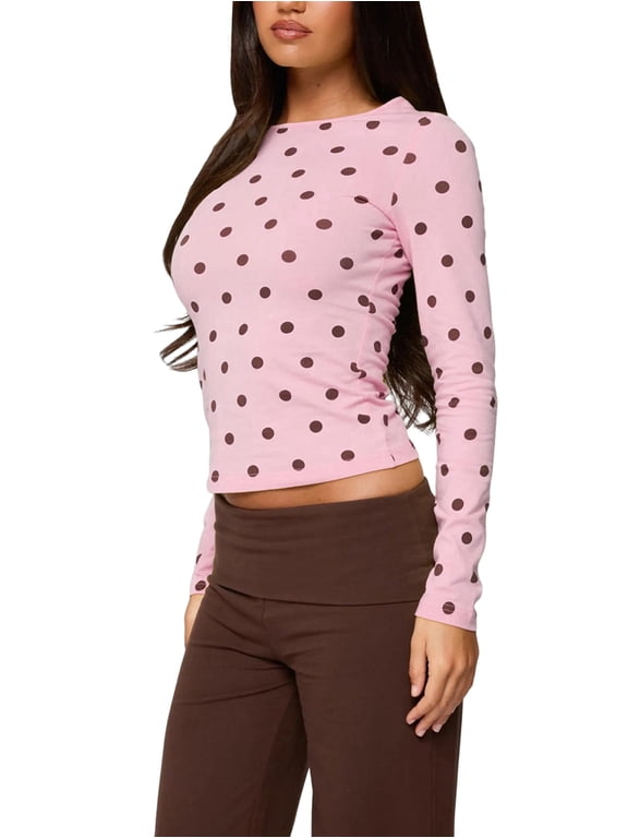 Women'S Polka Dot Crew Neck Slim Long Sleeve Top Pink M