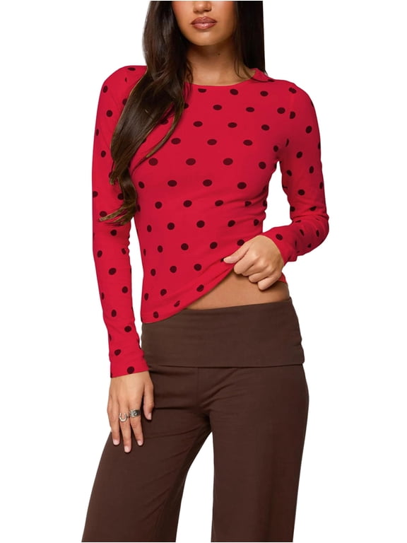 Women'S Polka Dot Crew Neck Slim Long Sleeve Top Red XL