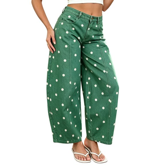 Women'S Polka-Dot Print High-Waist Seamed Wide-Leg Cropped Casual Pants Dark Green L