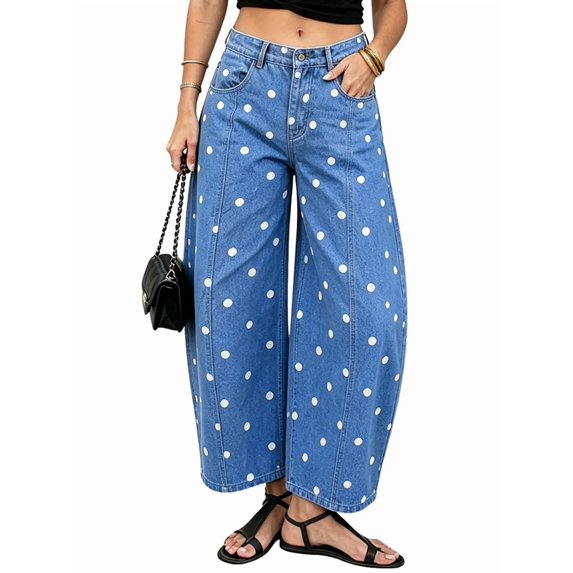 Women'S Polka-Dot Print High-Waist Seamed Wide-Leg Cropped Casual Pants Lake Blue M
