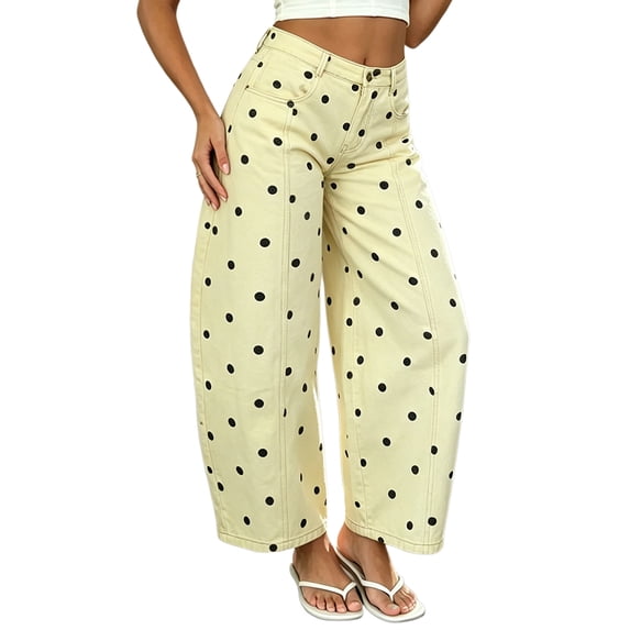 Women'S Polka-Dot Print High-Waist Seamed Wide-Leg Cropped Casual Pants Light Yellow L