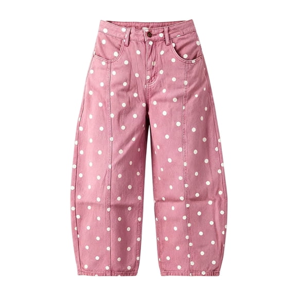 Women'S Polka-Dot Print High-Waist Seamed Wide-Leg Cropped Casual Pants Pink XXL