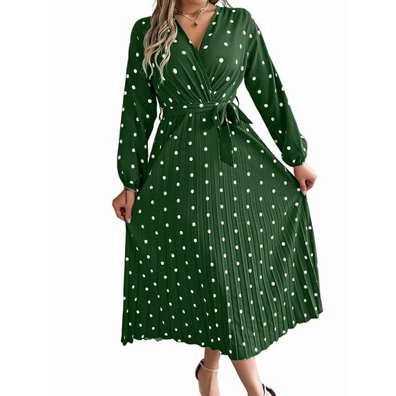 Women'S Polka Dot Wrap V Neck Belt Long Sleeve Pleated Maxi Dress Flowy Casual Long Dress Green M