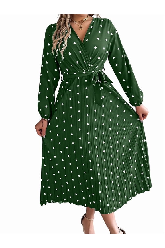 Women'S Polka Dot Wrap V Neck Belt Long Sleeve Pleated Maxi Dress Flowy Casual Long Dress Green S