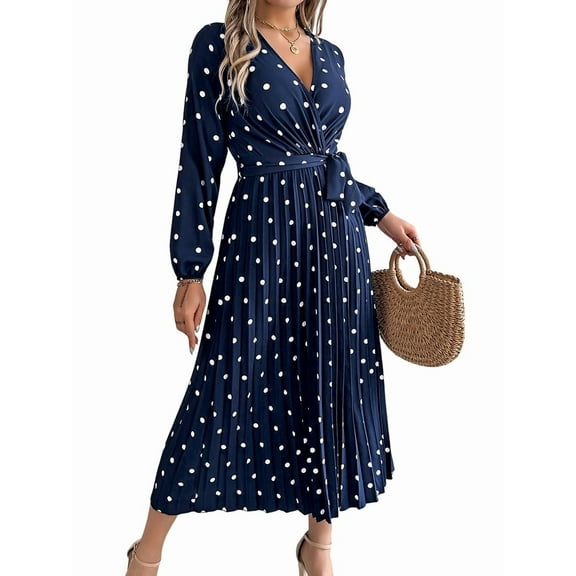 Women'S Polka Dot Wrap V Neck Belt Long Sleeve Pleated Maxi Dress Flowy Casual Long Dress Navy Blue M