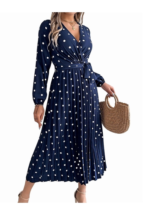 Women'S Polka Dot Wrap V Neck Belt Long Sleeve Pleated Maxi Dress Flowy Casual Long Dress Navy Blue M