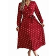 thumbnail image 1 of Women'S Polka Dot Wrap V Neck Belt Long Sleeve Pleated Maxi Dress Flowy Casual Long Dress Wine Red L, 1 of 8