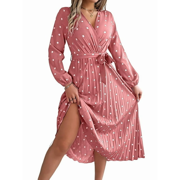 Women'S Polka Dot Wrap V Neck Belt Long Sleeve Pleated Maxi Dress Flowy Casual Long Dress Pink XL