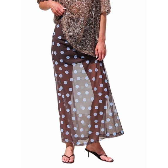 Women'S Polka Dots Mesh Skirts Elastic Waist Semi See Through Flowy Long Skirt Y2K Streetwear Coffee Dot M