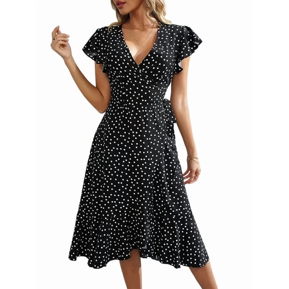 Women'S Polka Dots Short Sleeve V Neck Wrap Dress Tie Side Ruffle Midi Dresses Black L