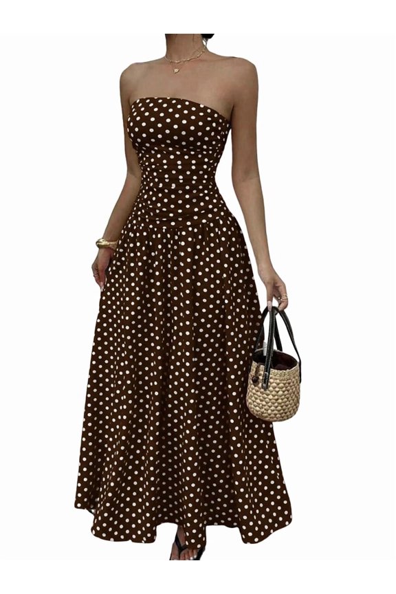 Women'S Polka Dots Strapless Ruffle Tube Dress Ruched Sleeveless Maxi Dresses Brown M