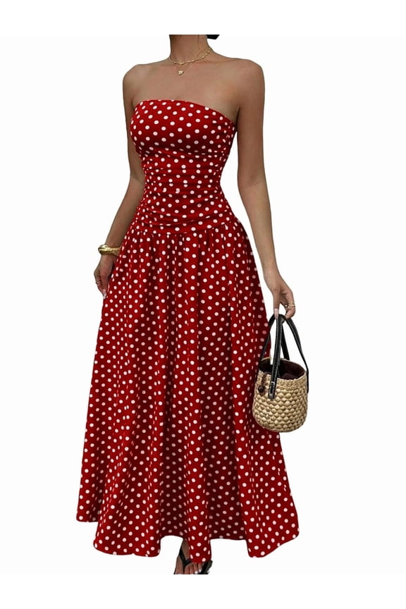 Women'S Polka Dots Strapless Ruffle Tube Dress Ruched Sleeveless Maxi Dresses Red M