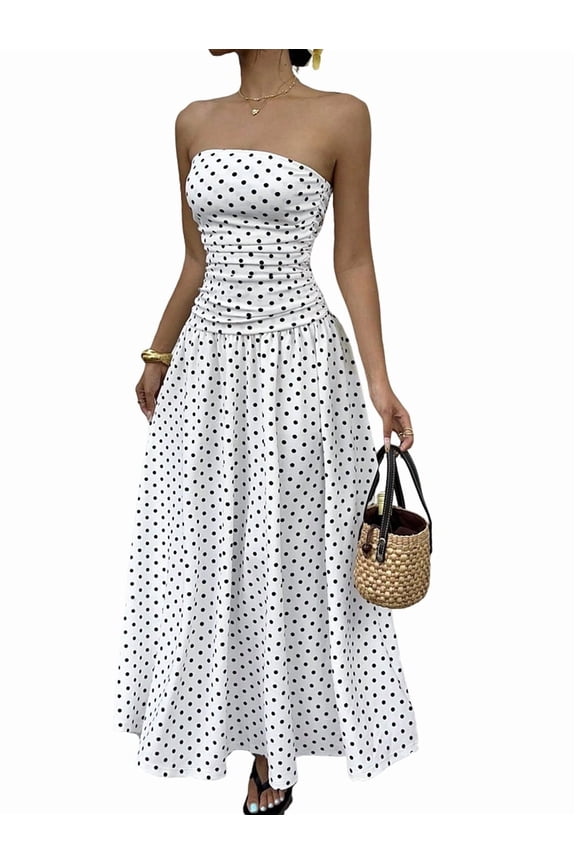 Women'S Polka Dots Strapless Ruffle Tube Dress Ruched Sleeveless Maxi Dresses White XL