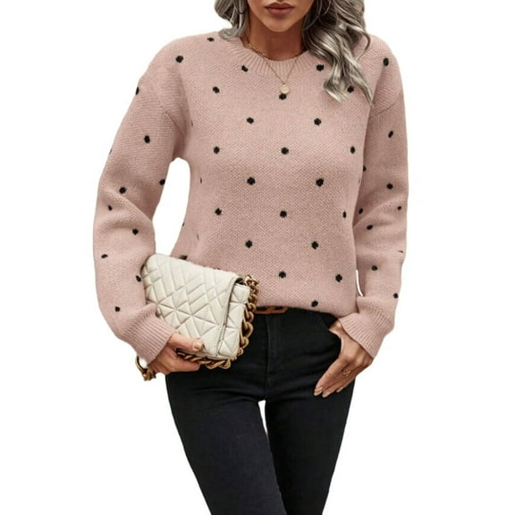 Women'S Polka Dots Sweaters Long Sleeve Round Neck Knitted Pullover Tops Pink L