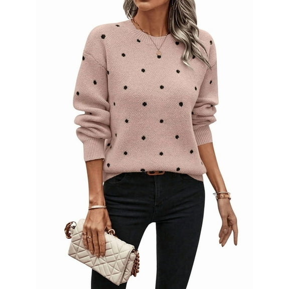 Women'S Polka Dots Sweaters Long Sleeve Round Neck Knitted Pullover Tops Pink S