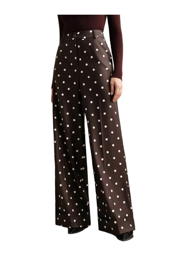 Women'S Polka Dots Wide Leg Tailored Pants High Waisted Belted Loose Trousers with Pockets Brown L