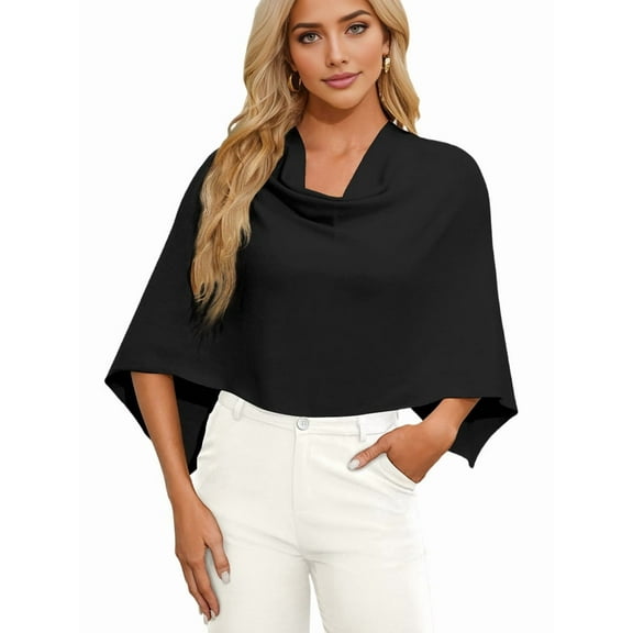 Women'S Poncho Sweater Slimming Fit Cropped Versatile Shawl Soft Knit Wraps Cowl Neck Short Tops Black One Size