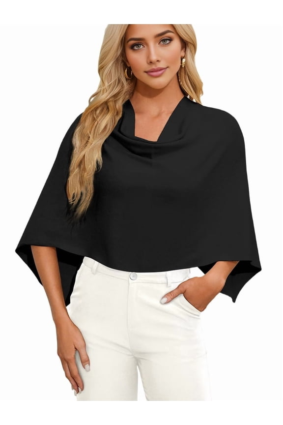 Women'S Poncho Sweater Slimming Fit Cropped Versatile Shawl Soft Knit Wraps Cowl Neck Short Tops Black One Size