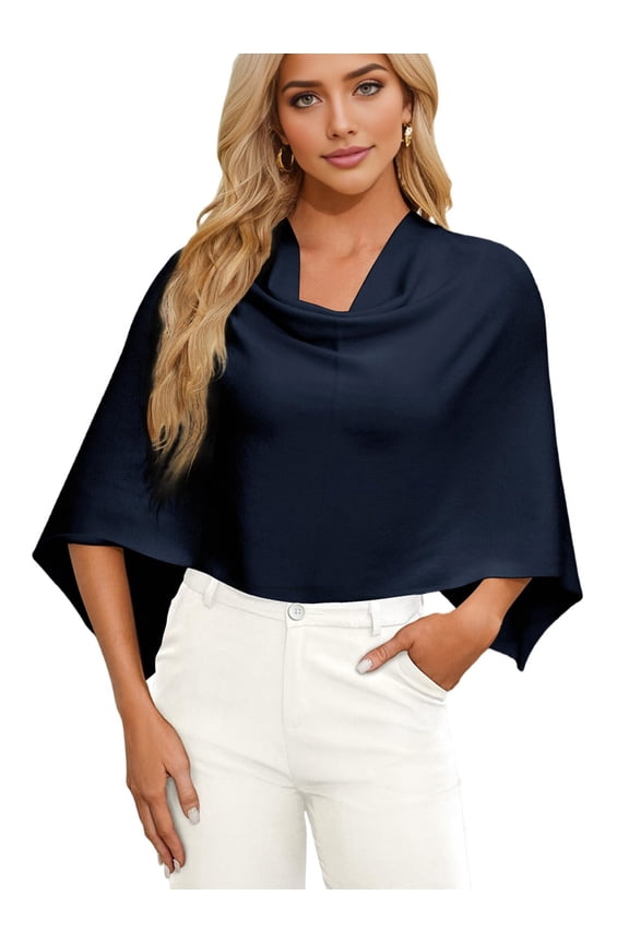 Women'S Poncho Sweater Slimming Fit Cropped Versatile Shawl Soft Knit Wraps Cowl Neck Short Tops Navy blue One size