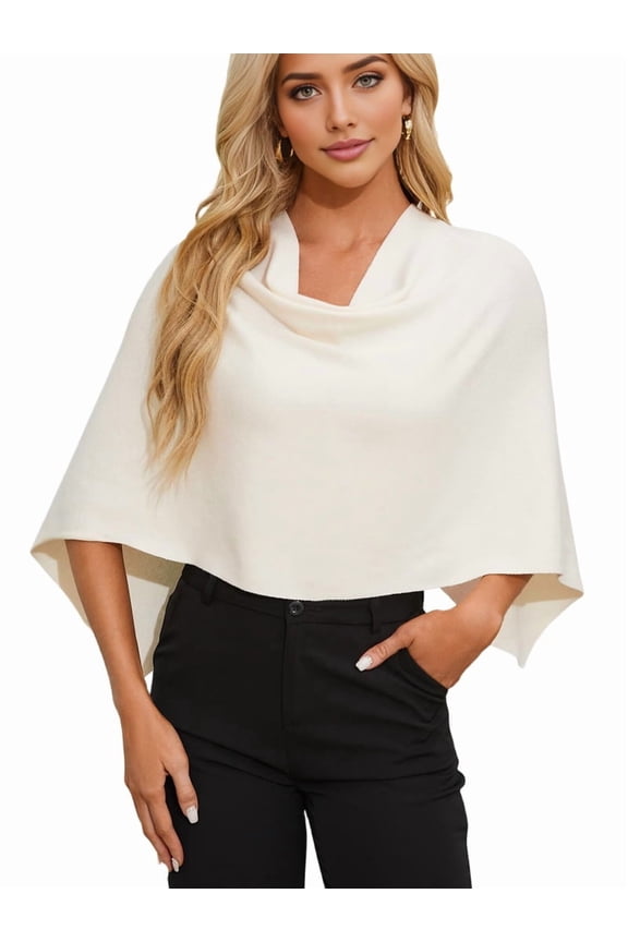 Women'S Poncho Sweater Slimming Fit Cropped Versatile Shawl Soft Knit Wraps Cowl Neck Short Tops White One size