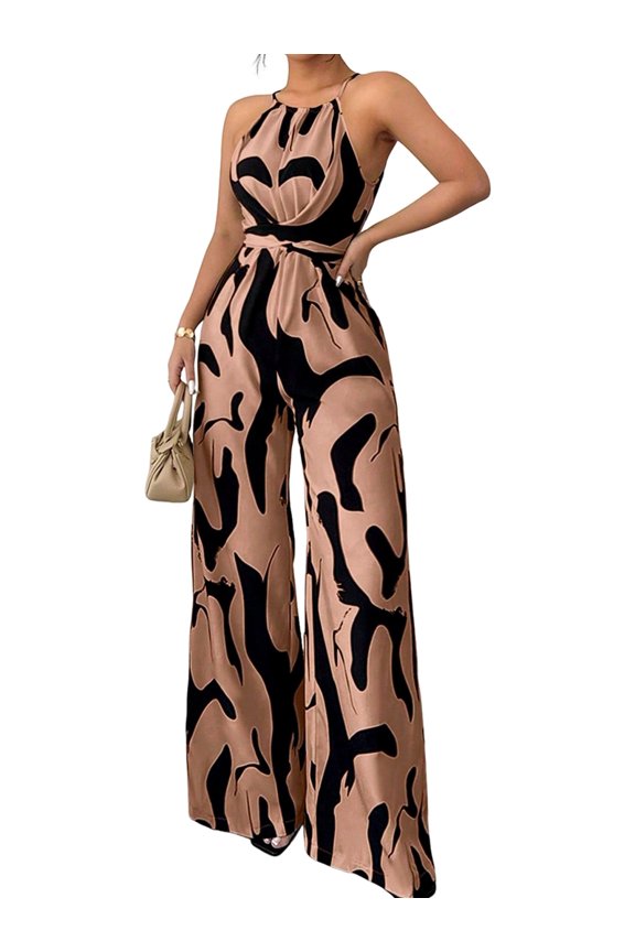 Women'S Print Halter Jumpsuits Sleeveless Casual Ruched Rompers Wide Leg Jumpsuit Brown S