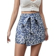thumbnail image 1 of Women'S Print Knot Side High Waist Wrap Boho Mini Shorts Blue XS, 1 of 9