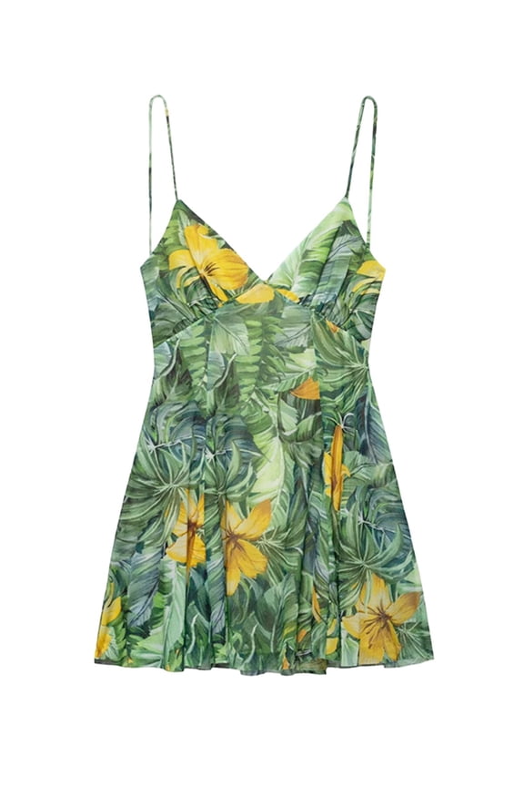 Women'S Print Mini Dress -Backless Slip Dress with Draped Detail, Party Short Dresses Green M