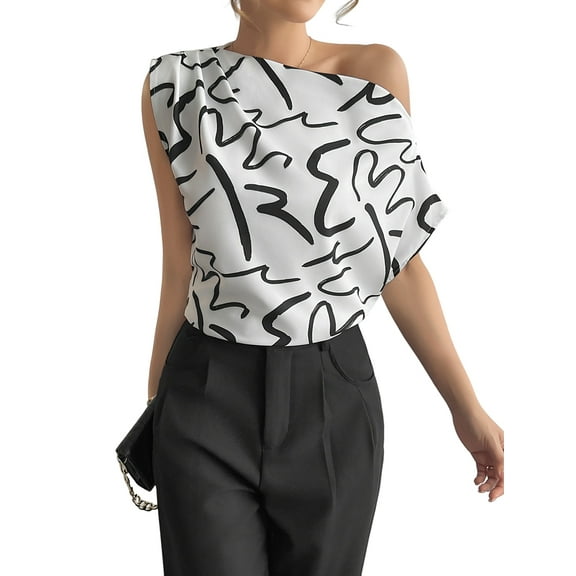 Women'S Printed Asymmetrical Neck Blouse Ruched Elegant Office Work Shirt Top Black & White XL