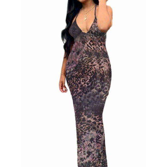 Women'S Printed Dresses Neckline Backless Slimming Leopard Print S