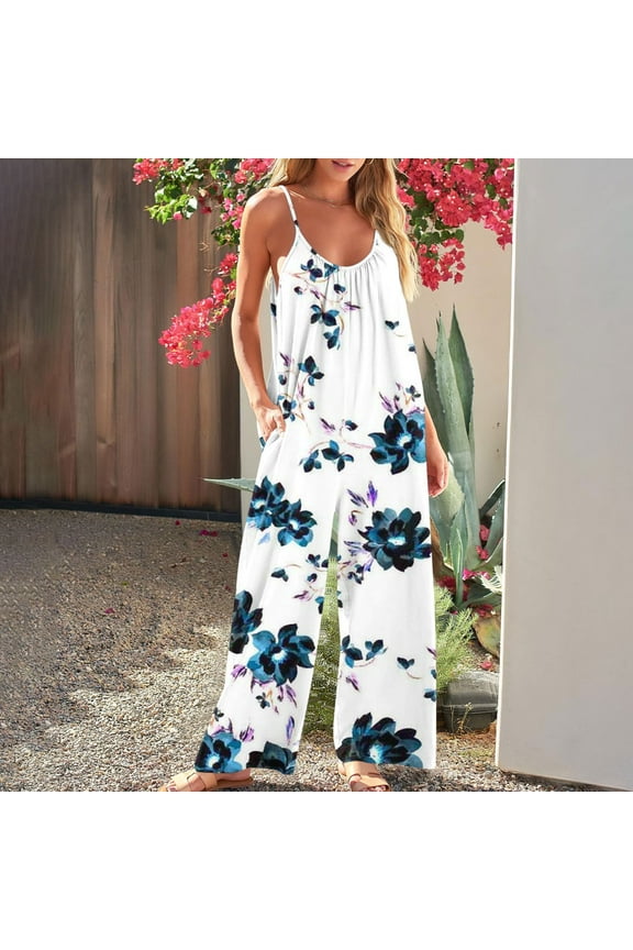 Women'S Printed Overalls Jumpsuits Casual Wide Leg Long Pant With Pockets Suitable For Outdoor Activities White S