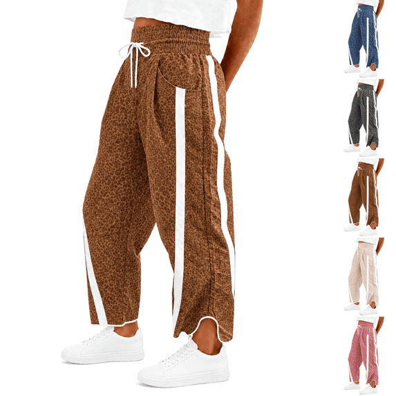 Women'S Printed Wide Leg Athletic Pants Elastic High Waist With Drawstring Loose Fit Striped Side Casual Joggers With Pockets