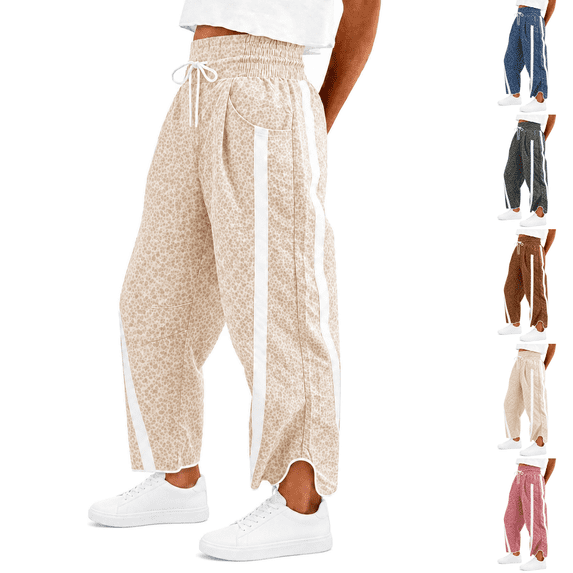 Women'S Printed Wide Leg Athletic Pants Elastic High Waist With Drawstring Loose Fit Striped Side Casual Joggers With Pockets