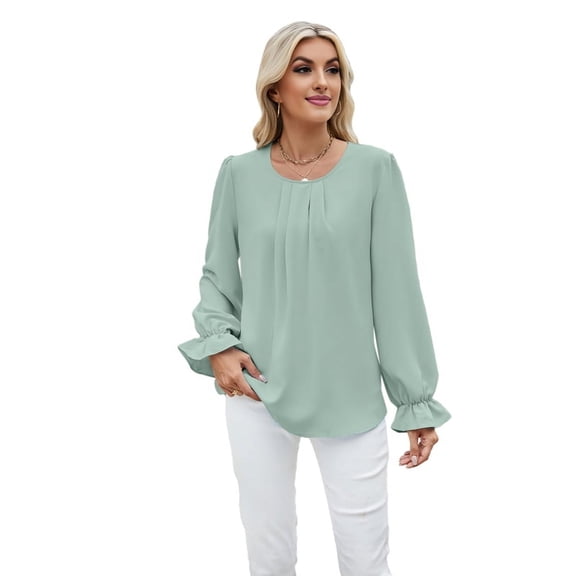 Women'S Puff Long Sleeve Blouse Dressy Casual Crew Neck Chiffon Blouse Loose Fit Pleated Shirt Work Office Tops Bean Green XL