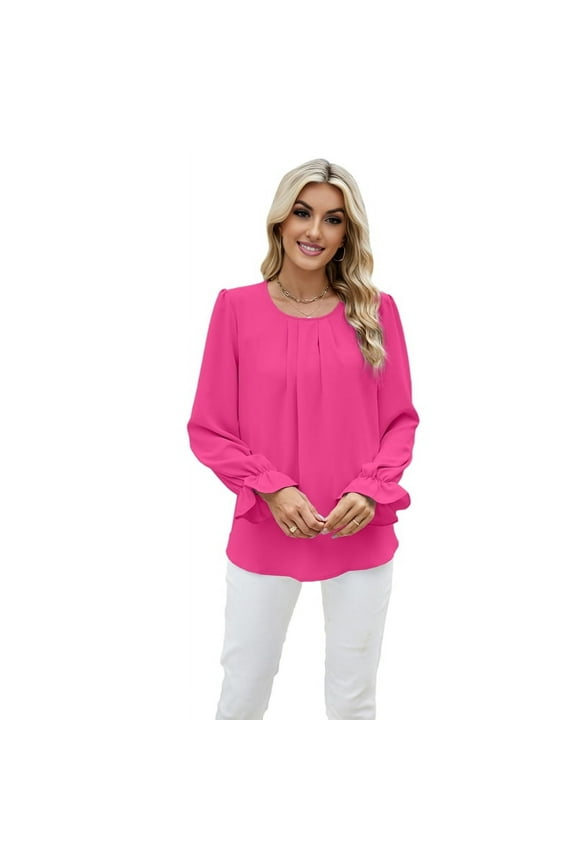 Women'S Puff Long Sleeve Blouse Dressy Casual Crew Neck Chiffon Blouse Loose Fit Pleated Shirt Work Office Tops Rose Red XXL