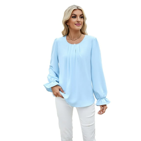 Women'S Puff Long Sleeve Blouse Dressy Casual Crew Neck Chiffon Blouse Loose Fit Pleated Shirt Work Office Tops Sky Blue XXL