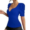 thumbnail image 1 of Women'S Puff Long Sleeve Knit Pullover Sweaters Casual V Neck Ribbed Solid Soft Slim Fit Sweater Blouse Tops Blue L, 1 of 9