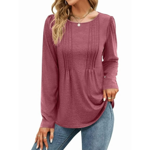 Women'S Puff Long Sleeve Pleated Crew Neck Fall Tunic Tops Blouse Dressy Casual Loose Summer T-Shirts Brick Red S