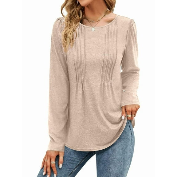 Women'S Puff Long Sleeve Pleated Crew Neck Fall Tunic Tops Blouse Dressy Casual Loose Summer T-Shirts Cream White M